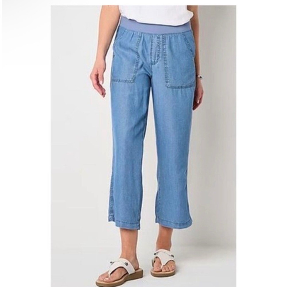 St Johns Bay Womens PL Blue Tencel Lyocell Cropped Pull On Chambray Pants Petite